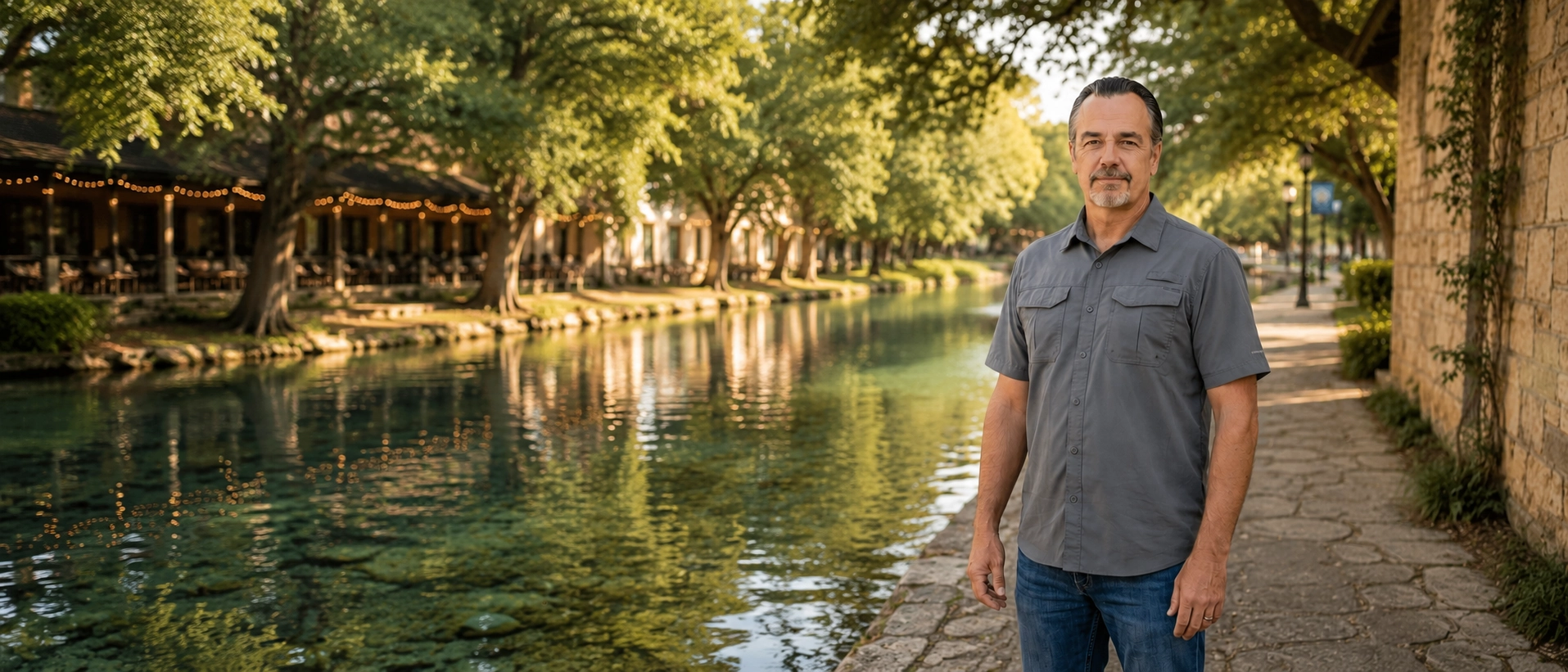 Cinematic editorial photograph of Todd Spencer walking the limestone bank of the Comal River at golden hour, cypress canopy and clear water in soft warm light.
