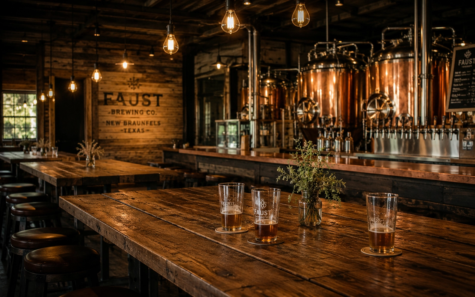 New Braunfels craft brewery taproom interior with reclaimed wood, copper kettles, and warm hanging bulbs.
