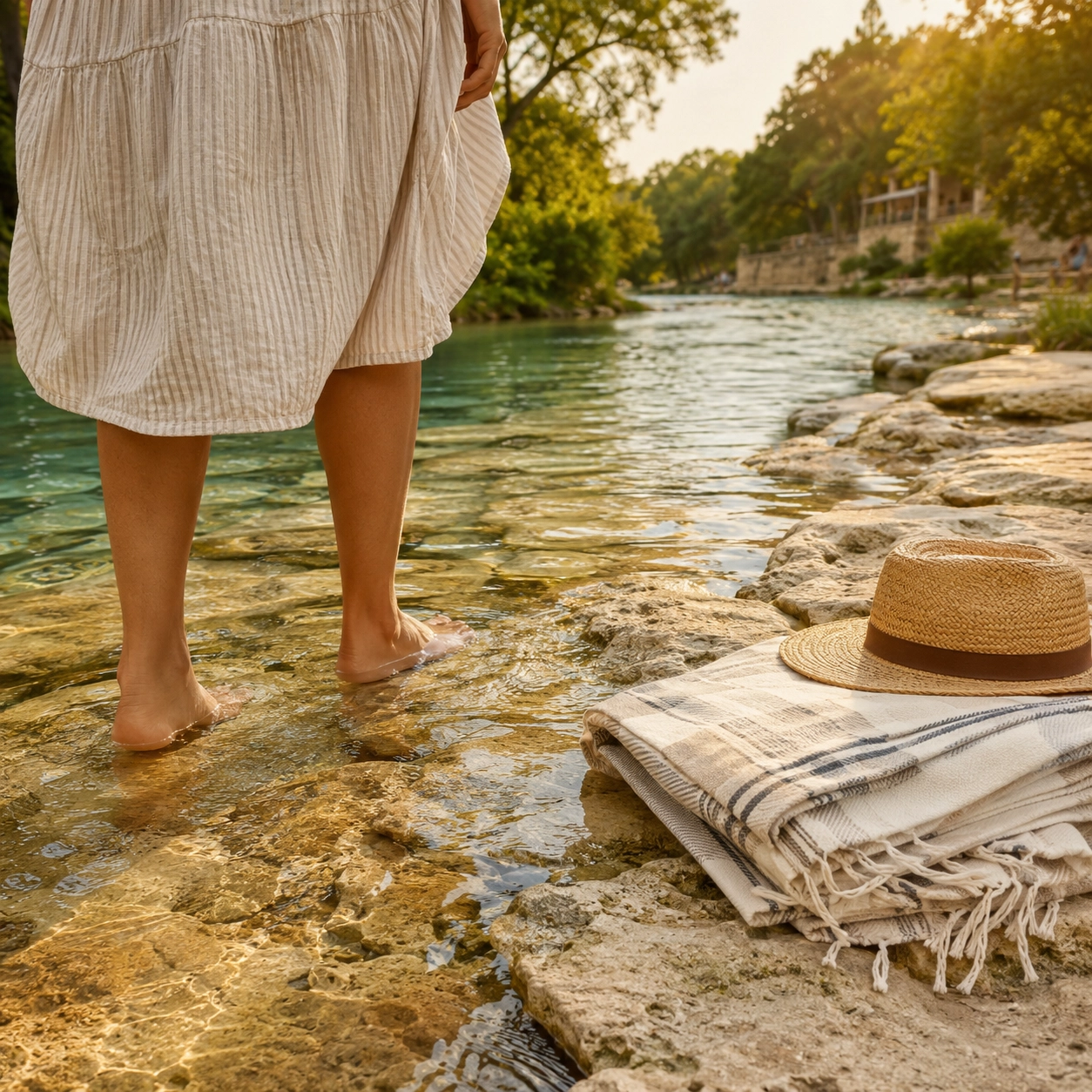Family wading in the Comal River at sunset with bare feet on smooth limestone and warm light.