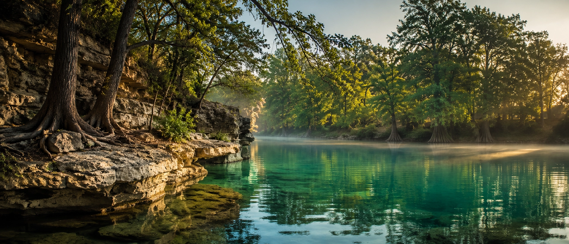 Secluded swimming cove on the Guadalupe with limestone outcropping and quiet, glassy water.