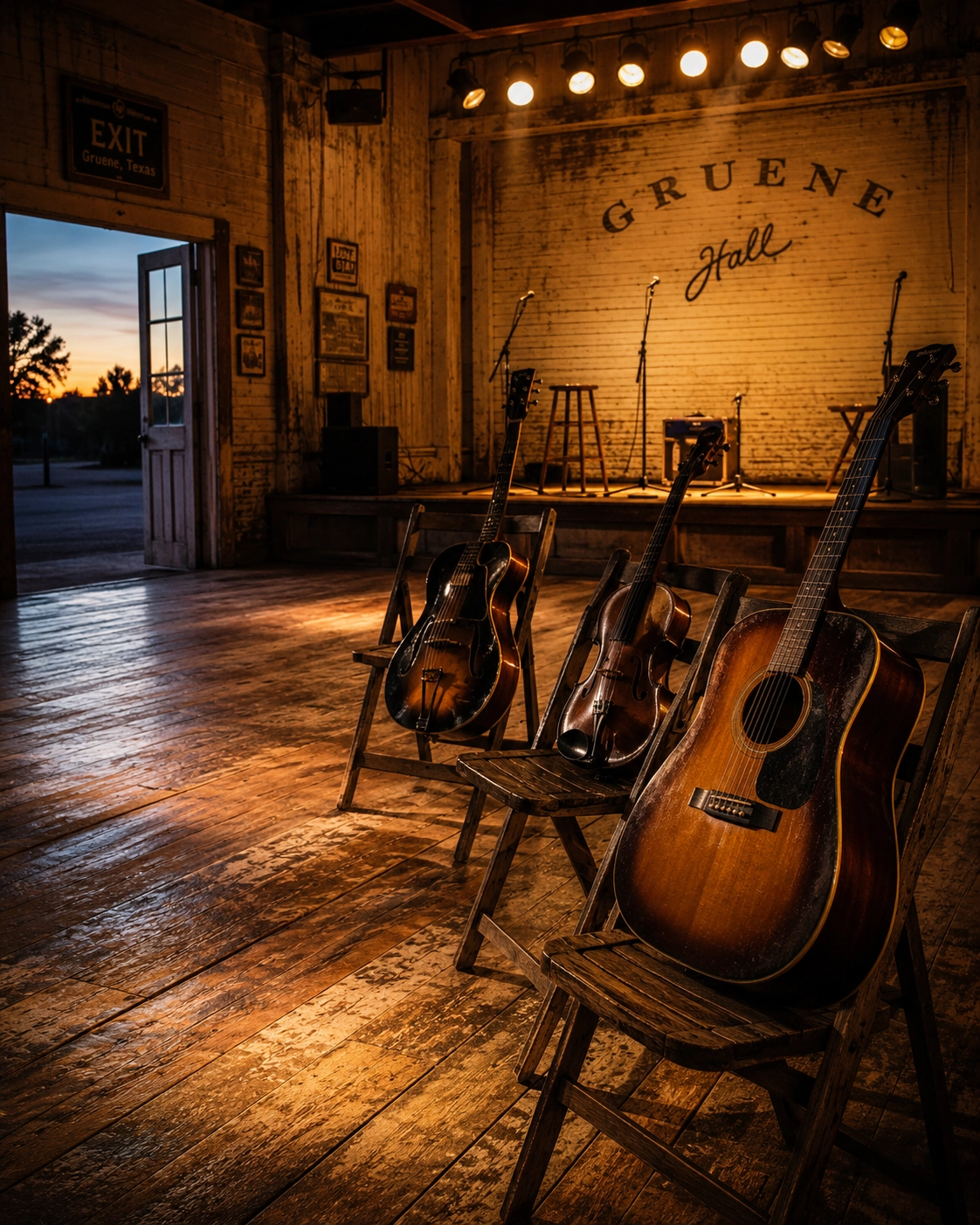 Interior of Gruene Hall at dusk with warm stage light spilling onto a worn wooden dance floor.