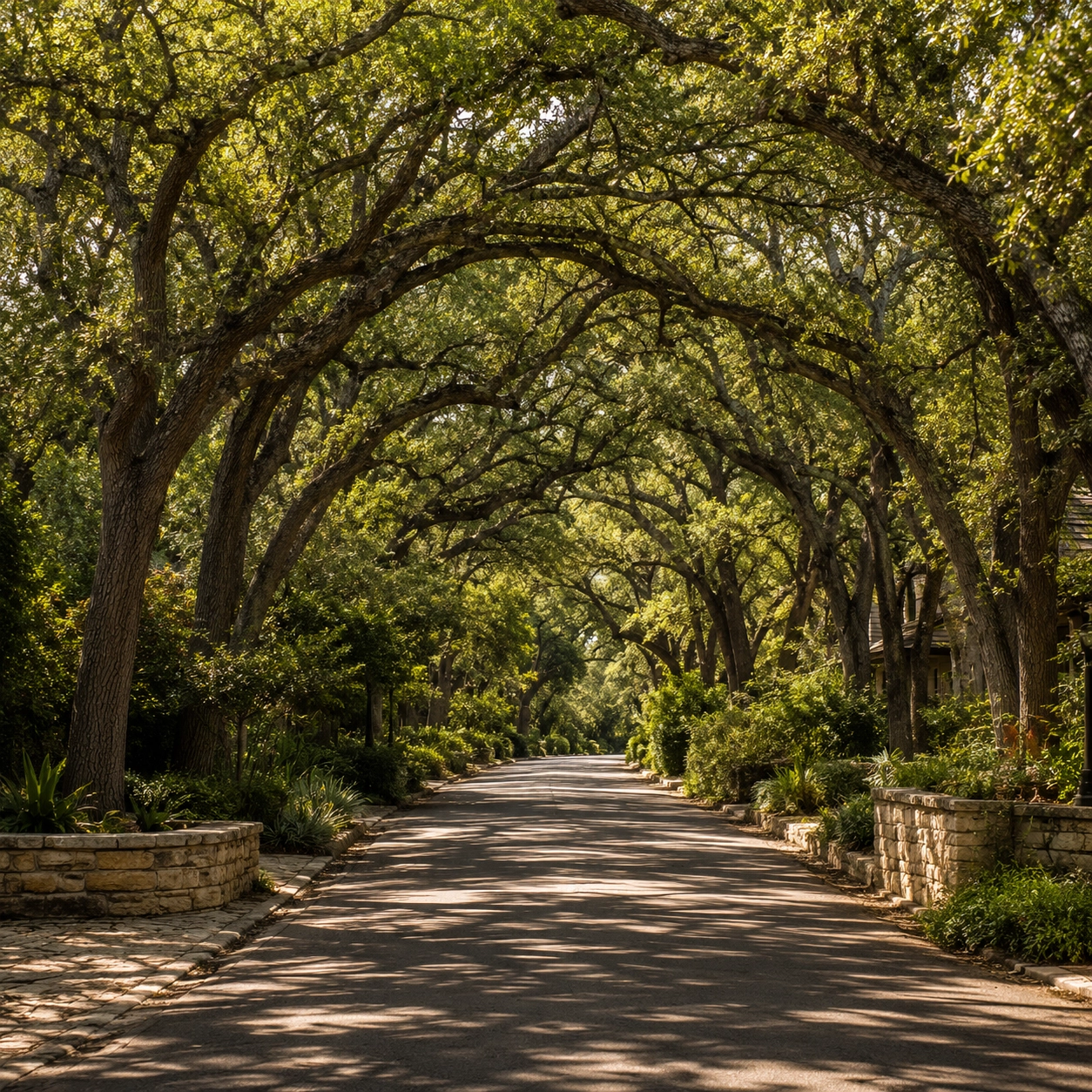 Tree canopied residential drive in New Braunfels with mature live oaks arching over the lane.