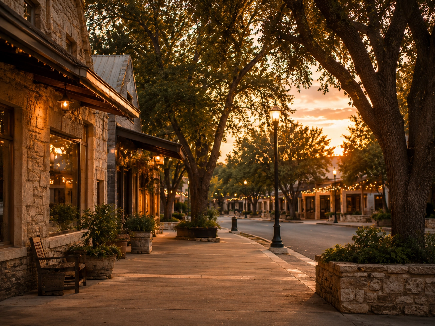 Warmly lit Gruene area restaurant patio at golden hour with limestone walls and string lights.
