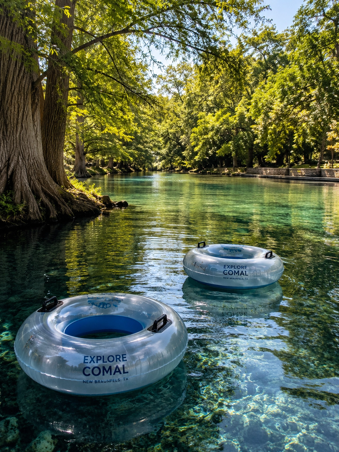 Crystal clear Comal River with tubers floating gently between cypress trees in soft morning light.