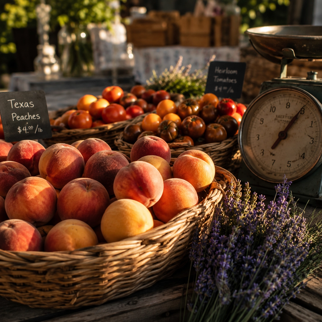 Saturday farmers market in New Braunfels with woven baskets of peaches and tomatoes in golden morning light.