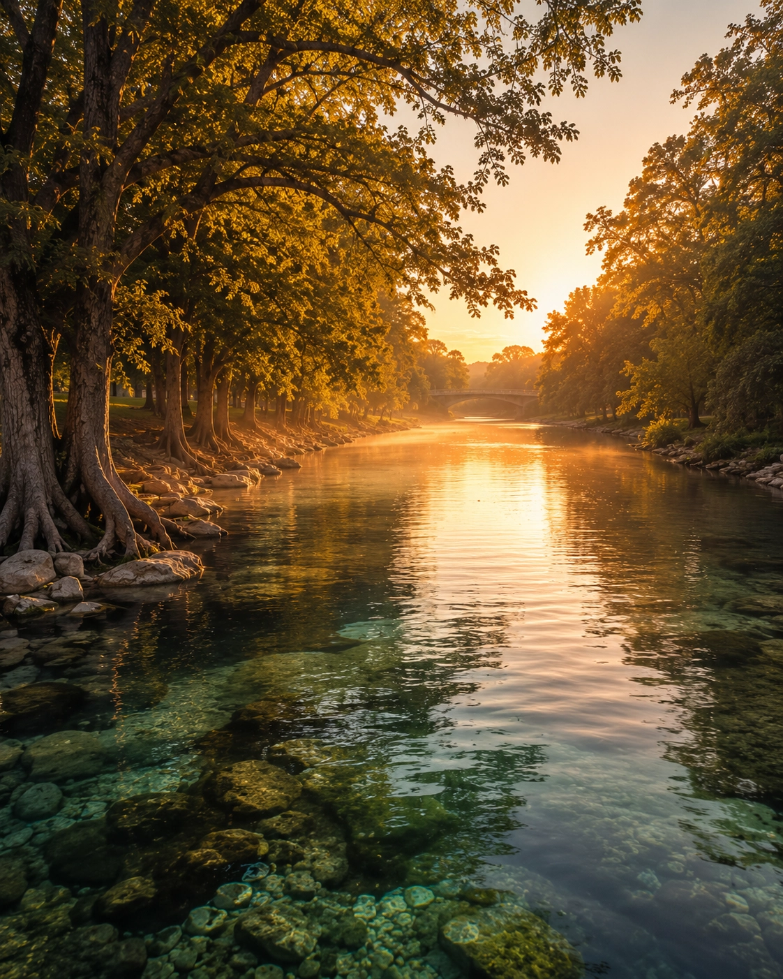 Cinematic view of the Comal River in New Braunfels at golden hour with cypress trees and warm Hill Country light.
