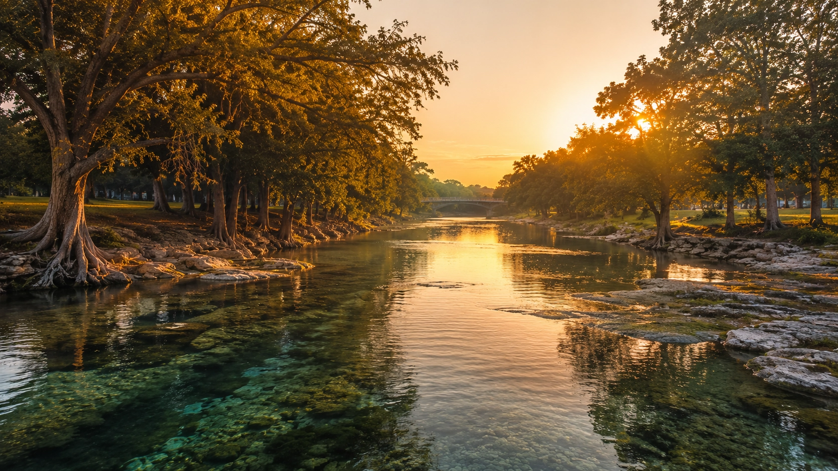 Cinematic view of the Comal River in New Braunfels at golden hour with cypress trees and warm Hill Country light.