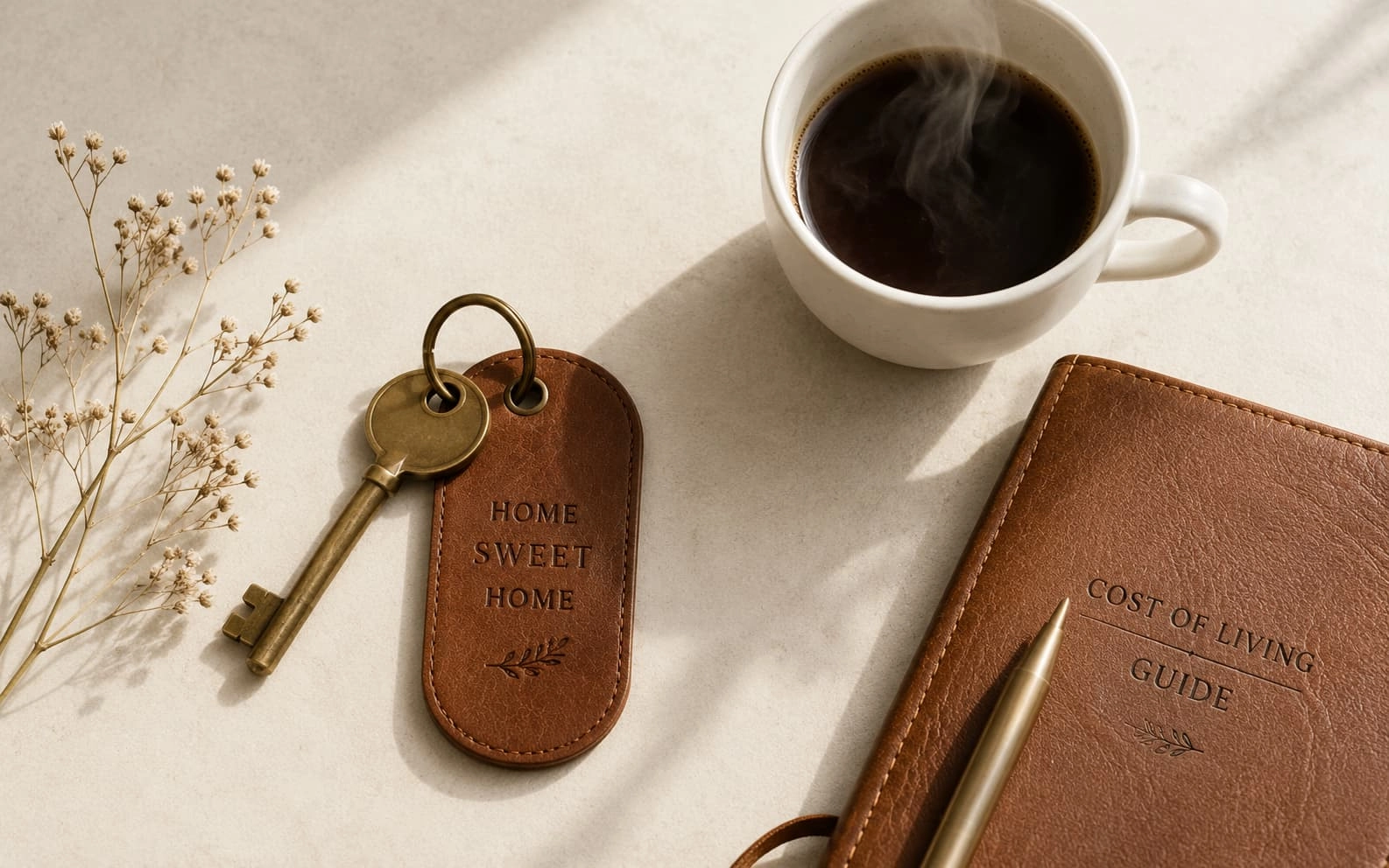 Editorial flat lay of New Braunfels home keys, a coffee, and a small notebook on warm paper.