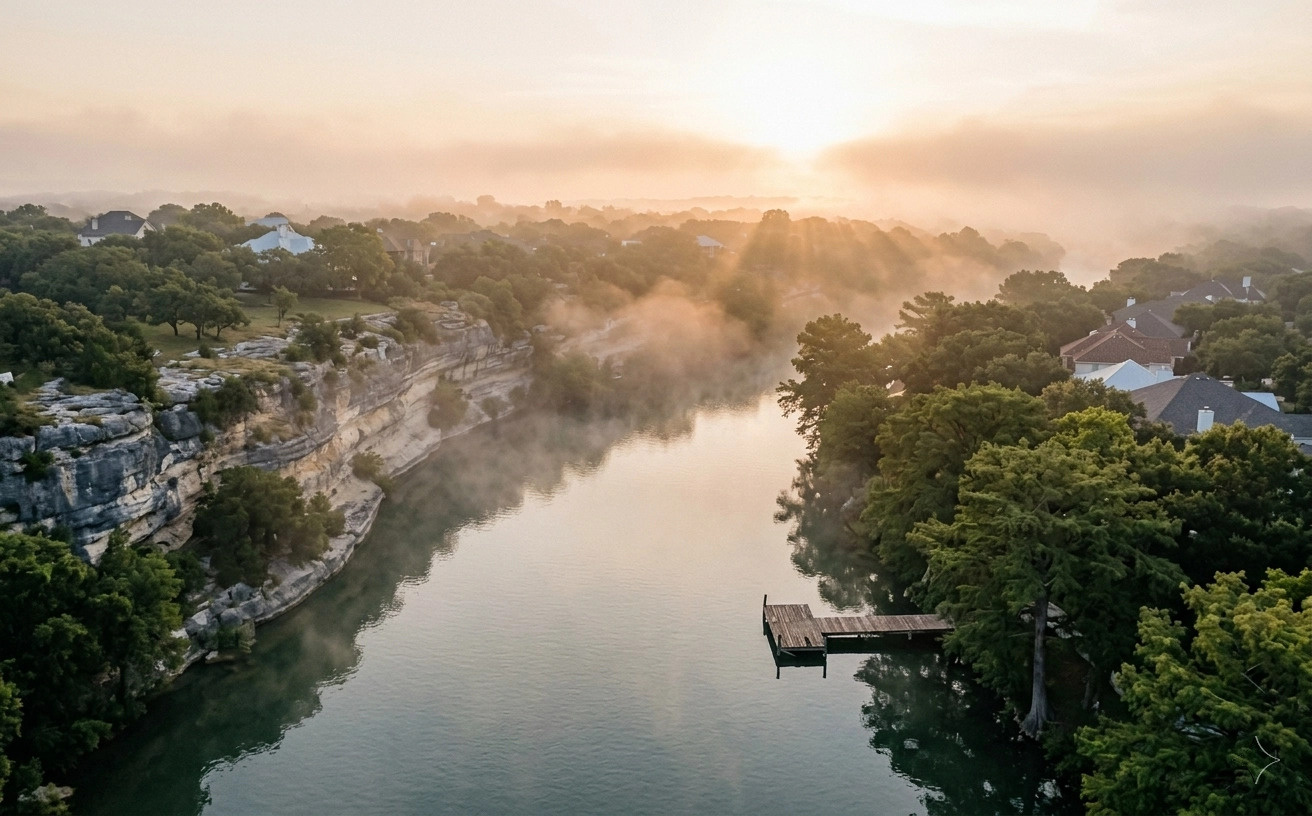 Editorial photograph of soft morning light over the Comal River with cypress trees.