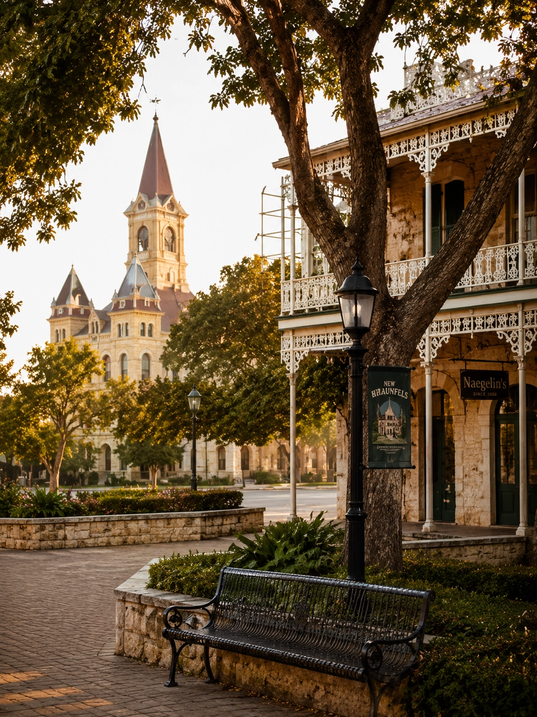 Downtown New Braunfels plaza at soft hour with historic architecture and gentle foot traffic.