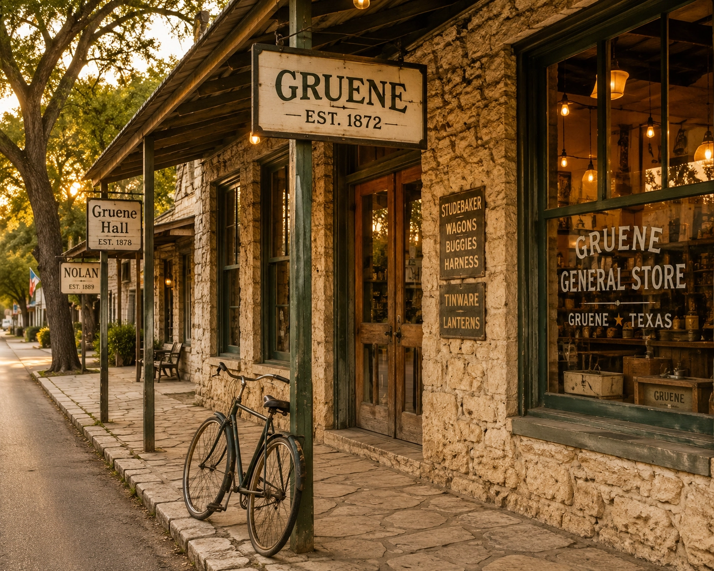 Historic Gruene main street at golden hour with limestone facades and warm bulb lighting.