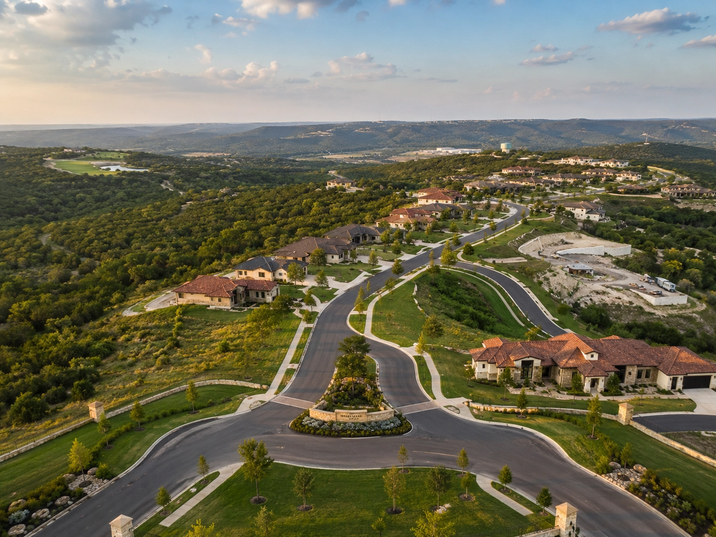 Aerial photograph of Veramendi development in New Braunfels with rolling Hill Country terrain and trail network.