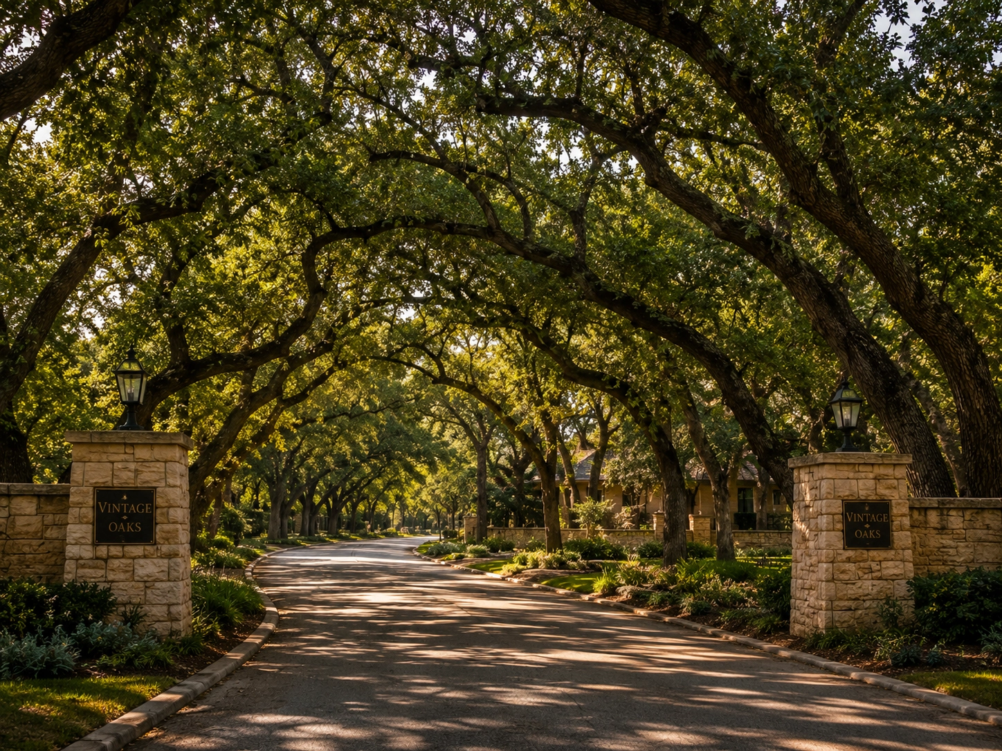 Canopy drive in Vintage Oaks with mature live oaks arching over a quiet residential lane.