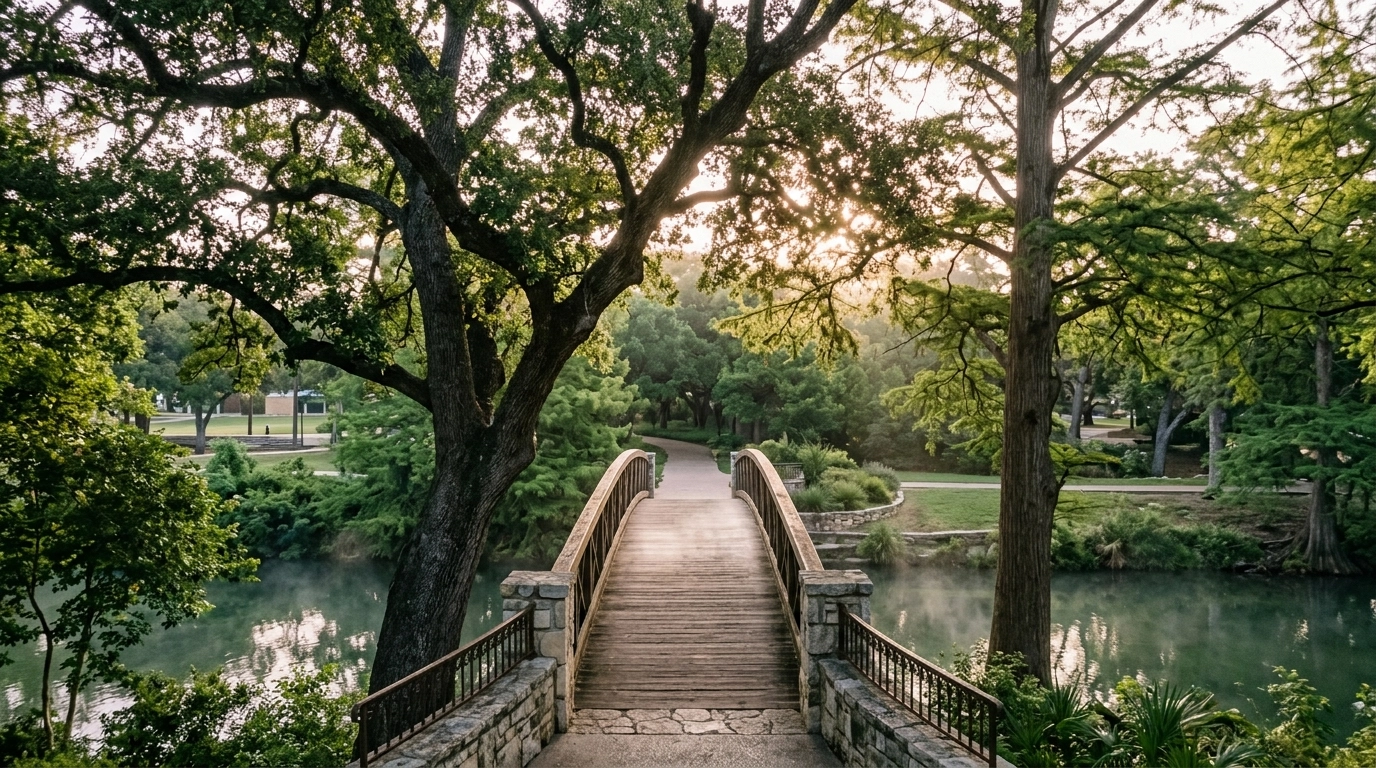 Cinematic still of Landa Park footbridge in New Braunfels with mature trees and morning sunlight.