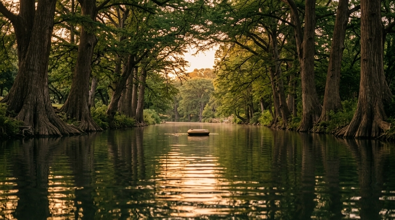 Cinematic still of golden hour float on the Comal River with cypress trees and gentle ripples.