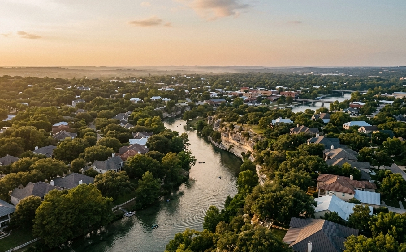 Editorial film poster style still of New Braunfels skyline at soft hour with the river bending through.