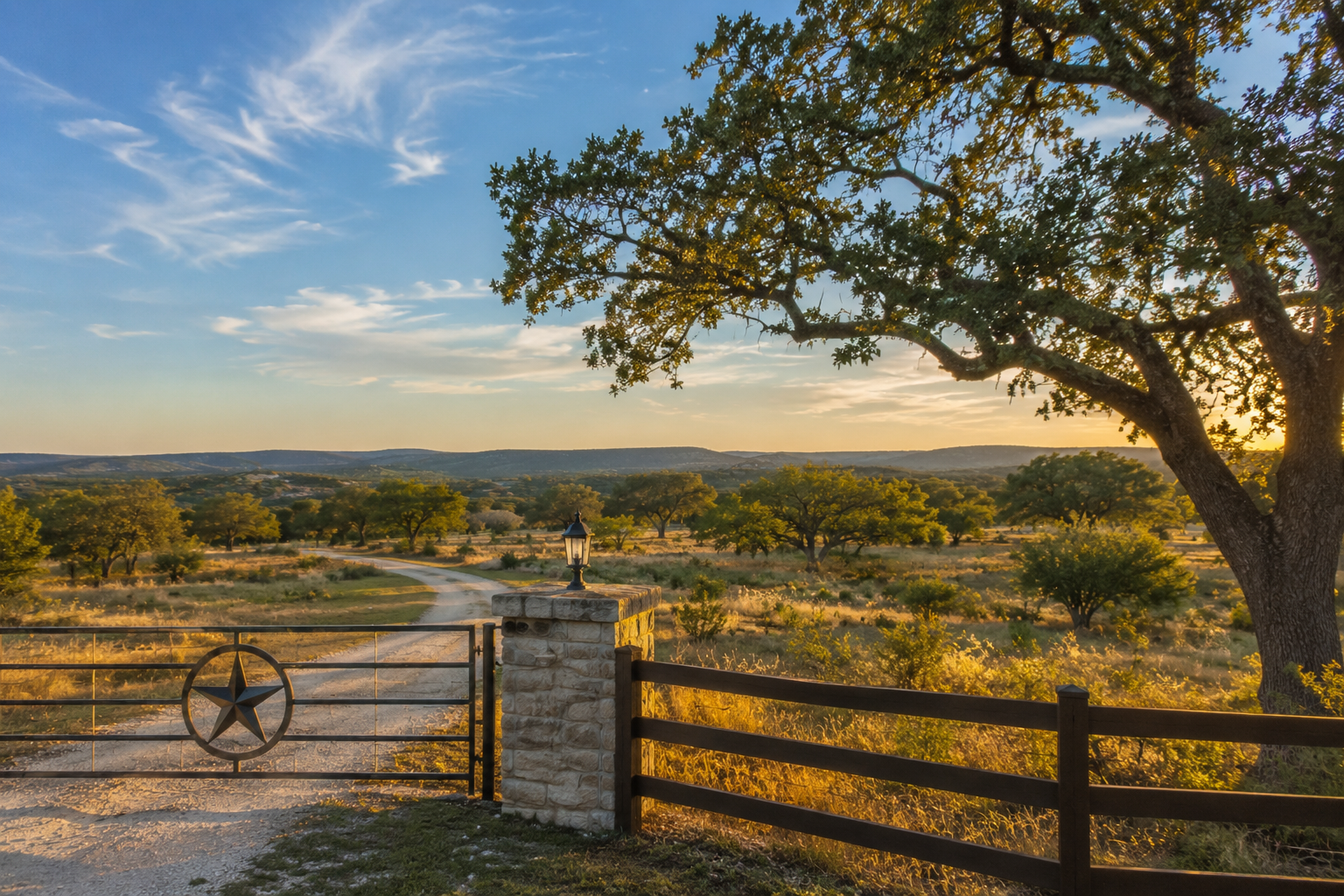 Wide view of undeveloped Texas Hill Country land near New Braunfels with rolling terrain, live oak trees, and a clear blue sky