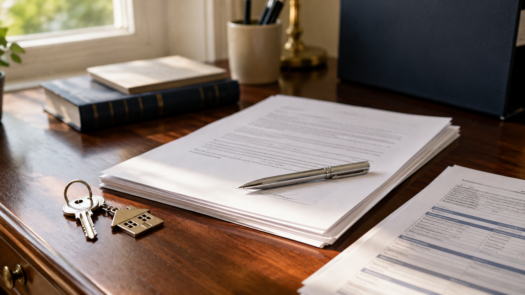 Professional real estate closing table with documents, pen, and keys in a modern Texas office with warm natural light