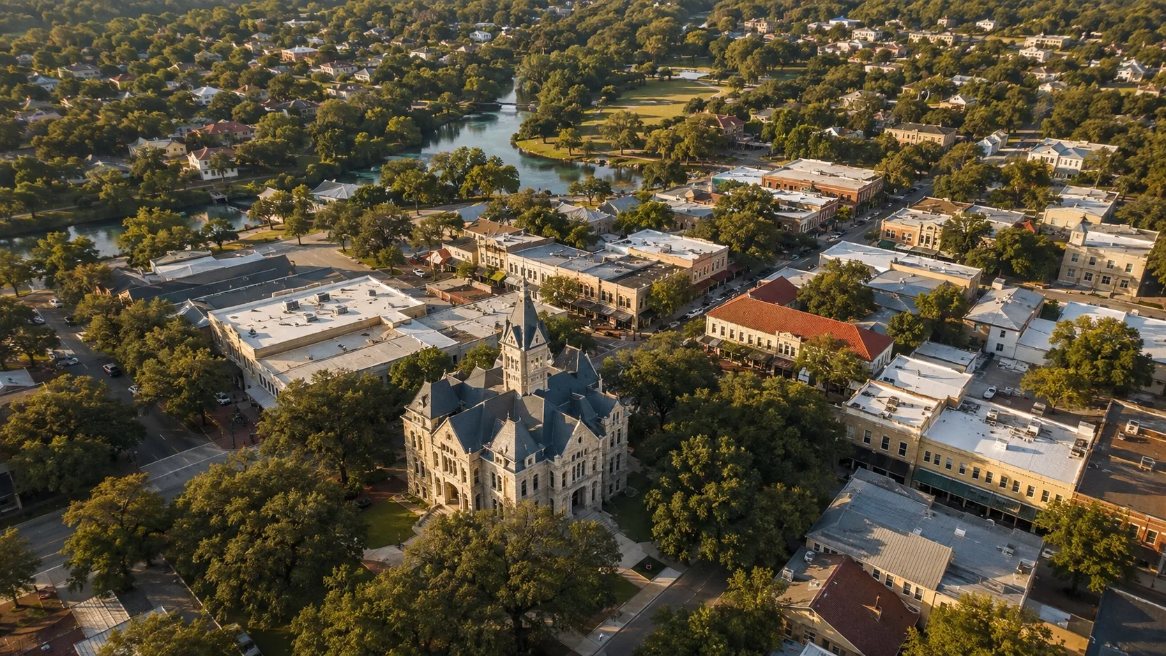 Historic Main Plaza area of downtown New Braunfels with mature oak trees, a limestone church, and traditional Hill Country architecture on a clear Texas afternoon.