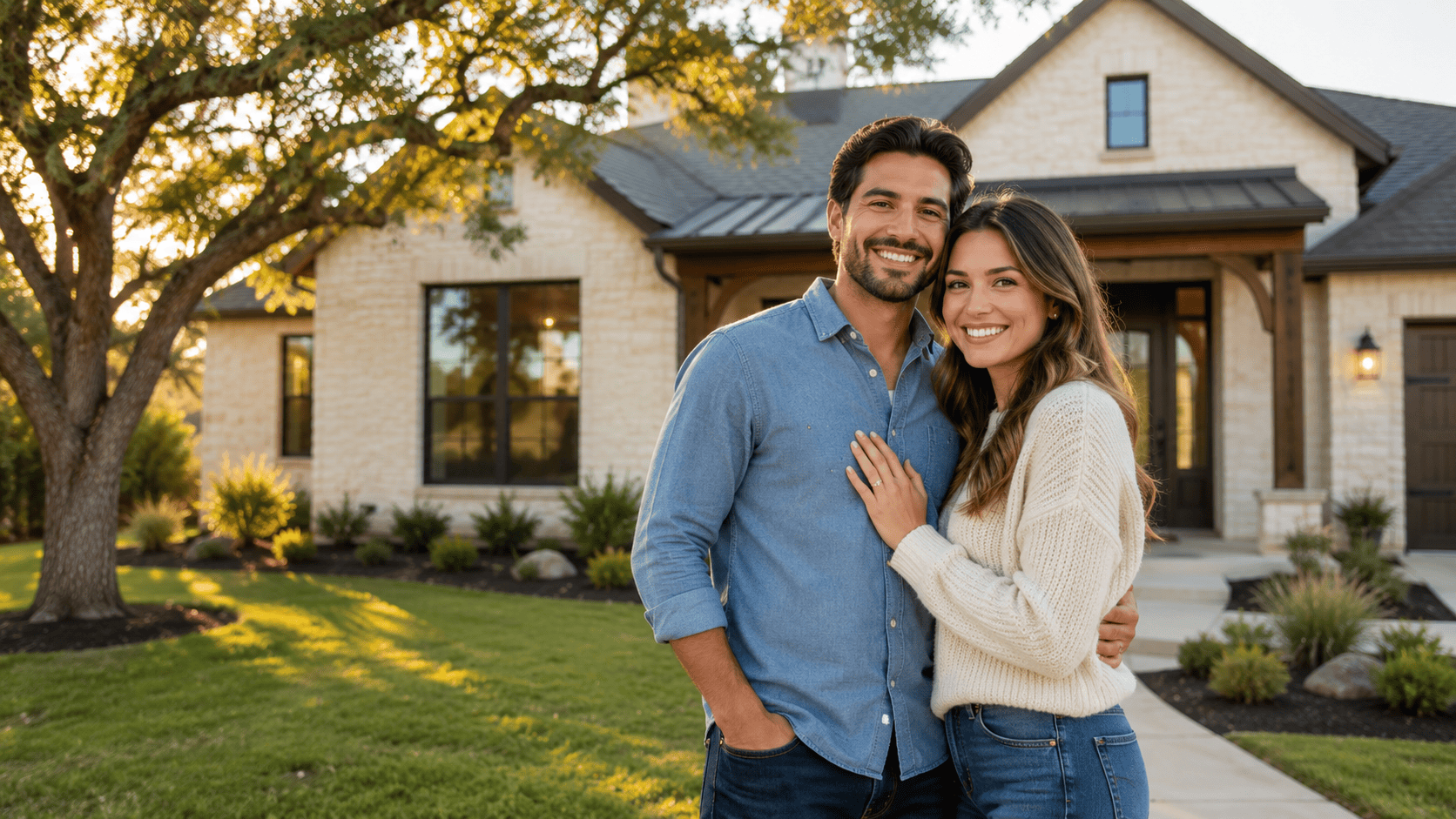 Young couple standing in front of a new home in New Braunfels, Texas, holding keys and smiling on a sunny afternoon