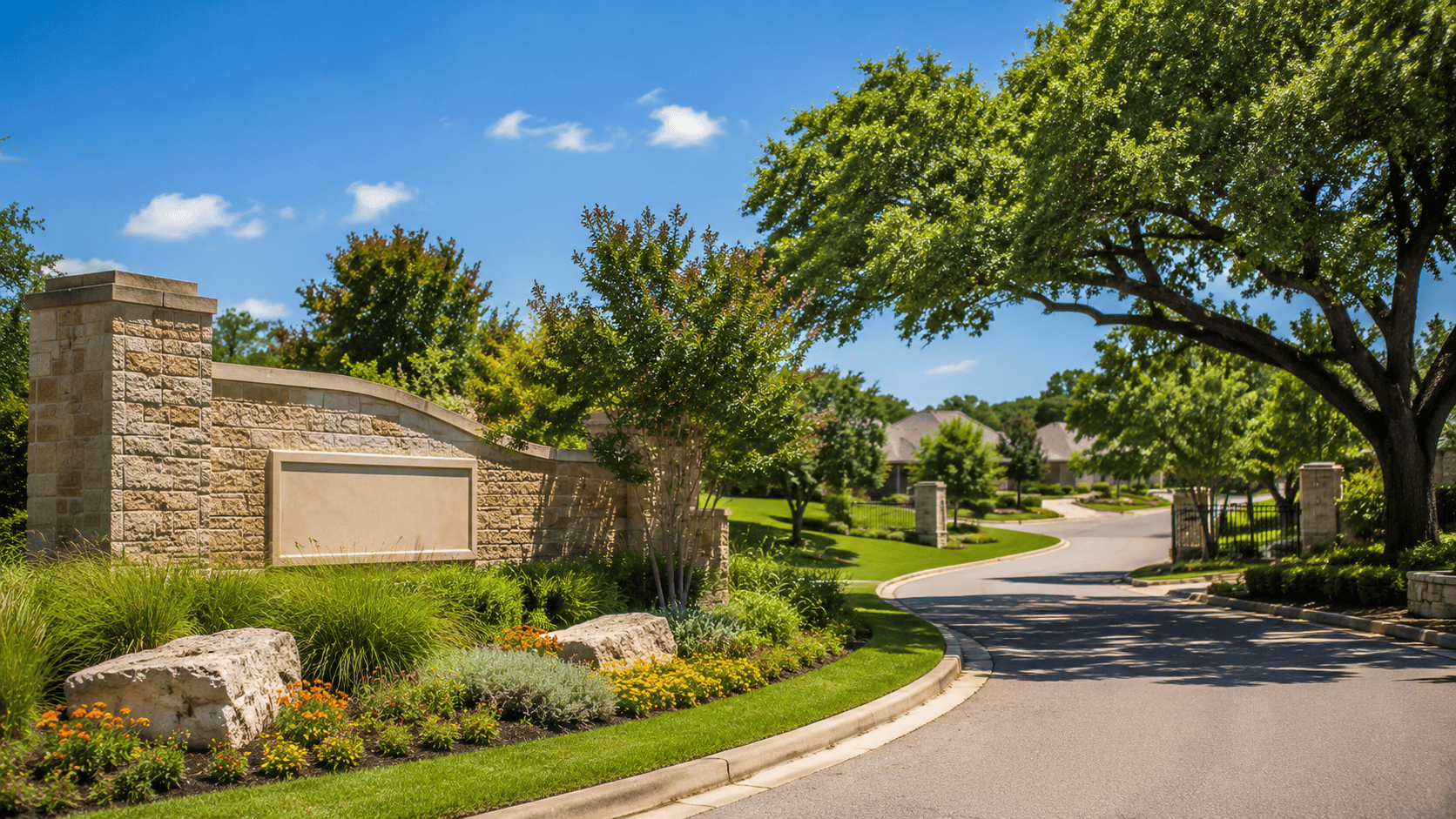 Tree-lined street in a master-planned New Braunfels neighborhood with well-maintained homes, a walking trail, and a community amenity center in the background