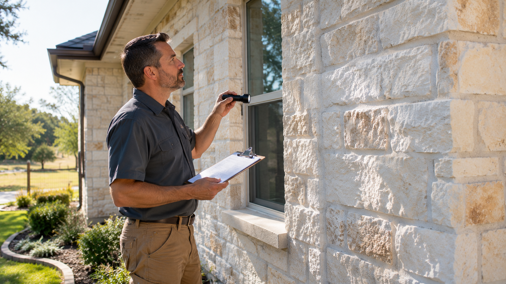 A home inspector in a gray shirt examining the exterior of a single-story Texas limestone home with a clipboard, natural daylight, no people visible in frame