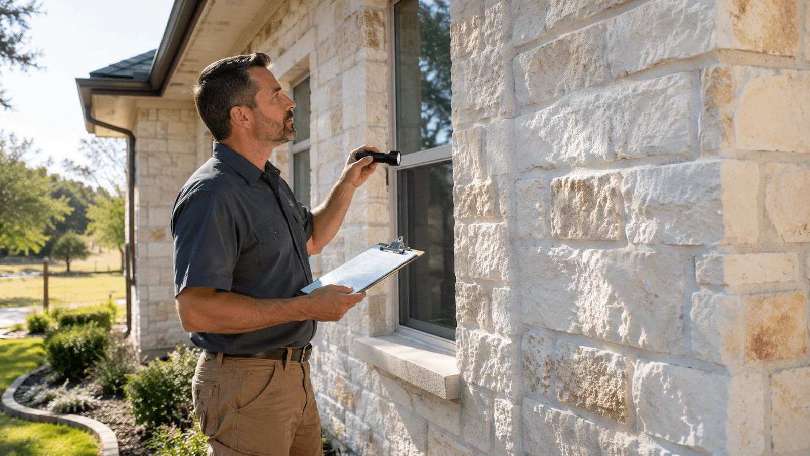 A home inspector in a gray shirt examining the exterior of a single-story Texas limestone home with a clipboard, natural daylight, no people visible in frame