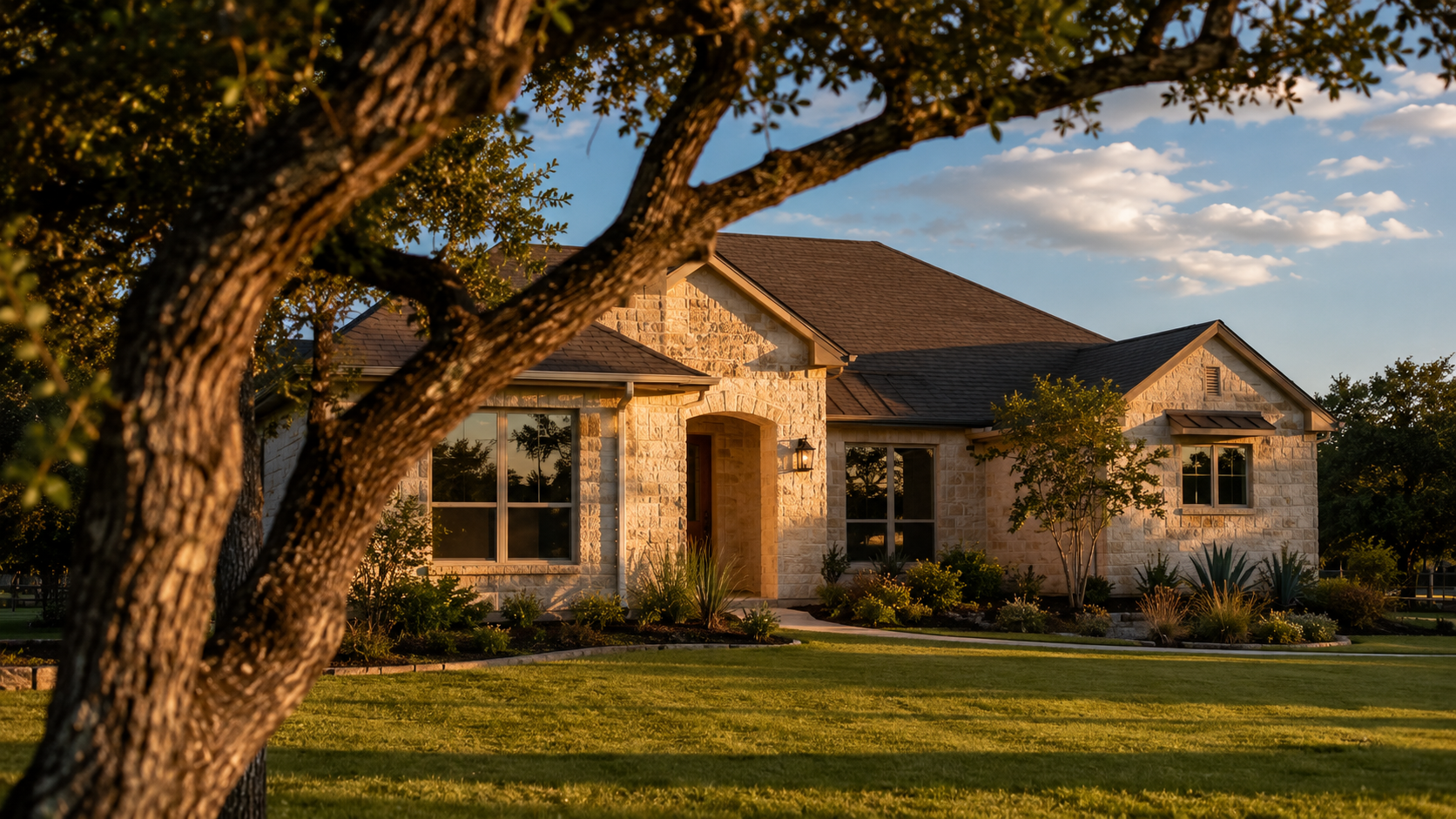 Exterior of a well-maintained New Braunfels home at golden hour with lush lawn and Hill Country landscaping under a clear Texas sky