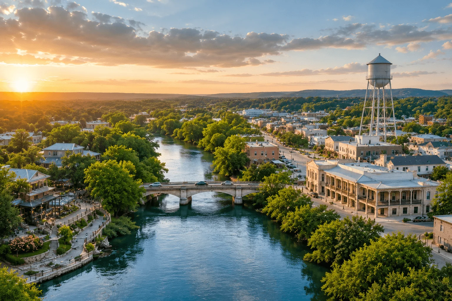 Aerial view of New Braunfels Hill Country residential corridor at soft afternoon light.