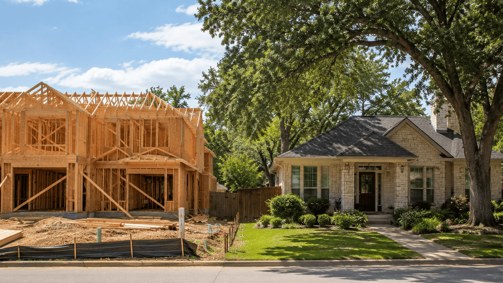 Side-by-side view of a freshly finished new construction home and a mature tree-lined resale home on a quiet New Braunfels street