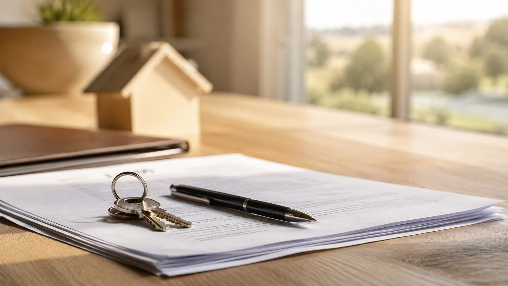 Texas real estate documents, a house key, and a pen laid on a warm wooden desk in soft natural window light.
