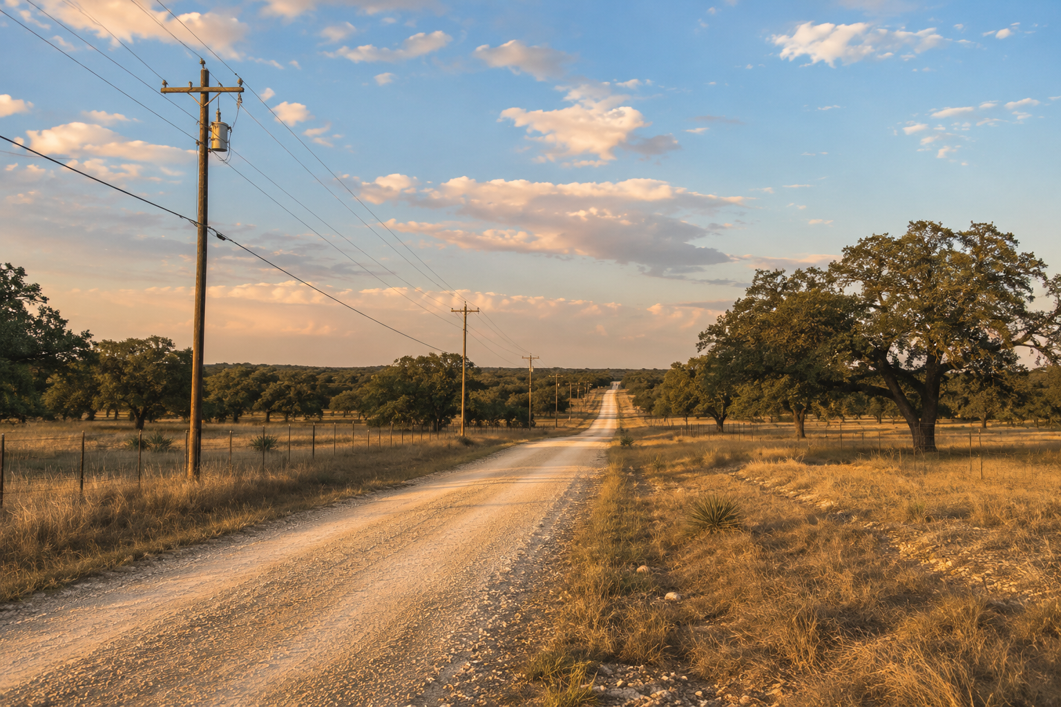 Texas Hill Country rural road near New Braunfels with utility poles running alongside an unpaved lane through live oak trees and open ranchland