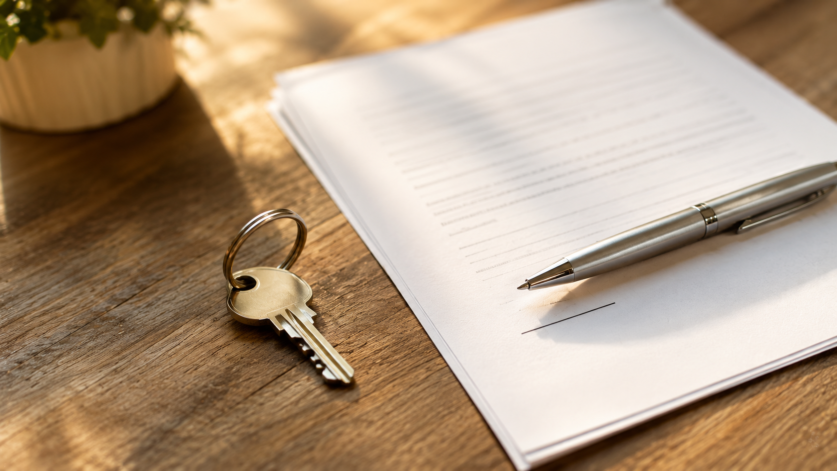 Close-up of a hand signing a real estate contract on a wooden desk with a pen, house keys, and natural window light in a Texas home