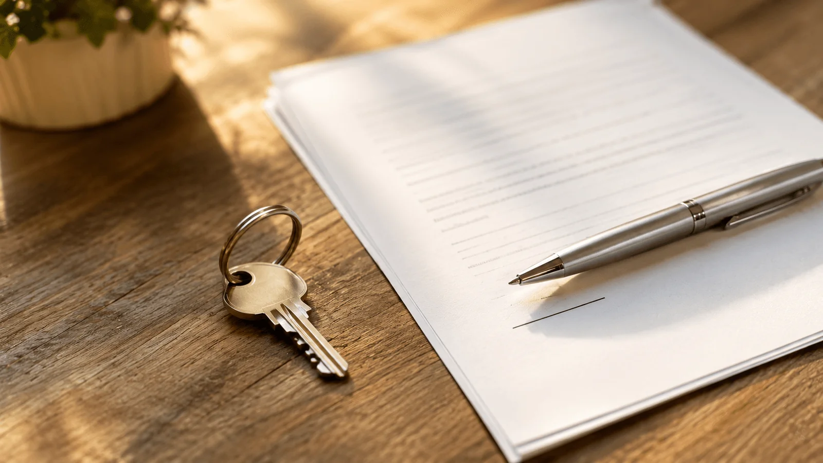 Close-up of a hand signing a real estate contract on a wooden desk with a pen, house keys, and natural window light in a Texas home